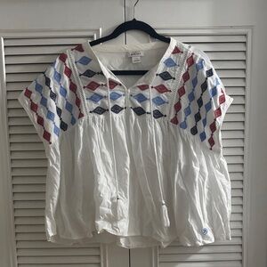 Ariat White Peasant Blouse with Red, Blue & Navy Embroidery